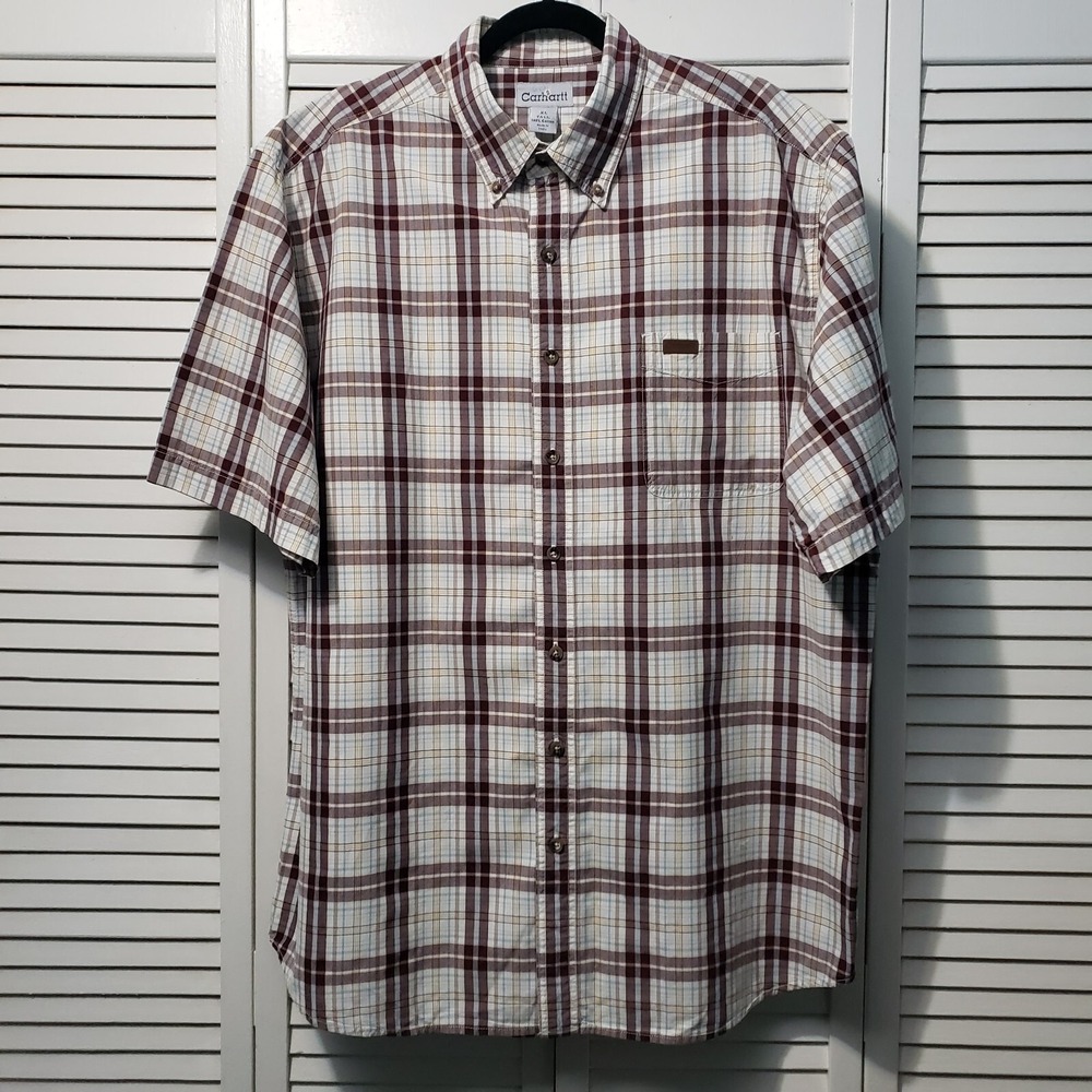 Carhartt Short Sleeve Button-up Shirt Men's XL Tall Brown Plaid Casual Outdoor